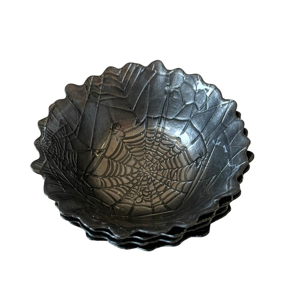 Akcam Spider Web Grey Turkish Glass 6” Halloween Bowls Set of 4 NEW